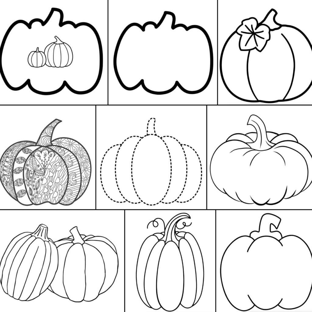 Nine pumpkin coloring page outlines in a grid