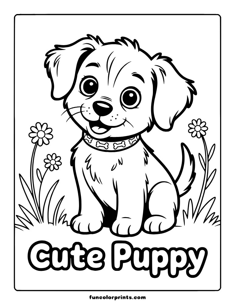 Cute puppy illustration with flowers and text