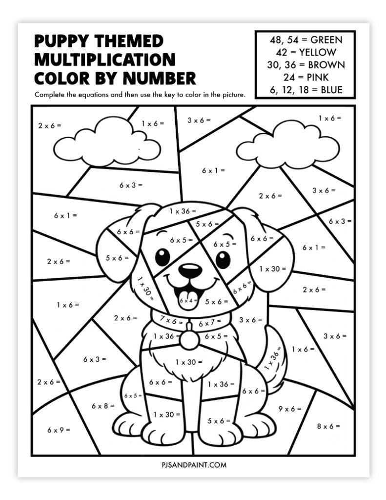 Puppy-themed multiplication color-by-number worksheet with a cartoon dog