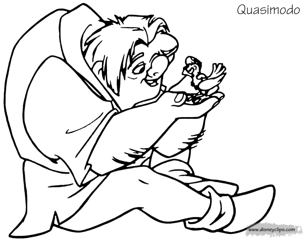 Line drawing of hunchback holding a bird in his hands