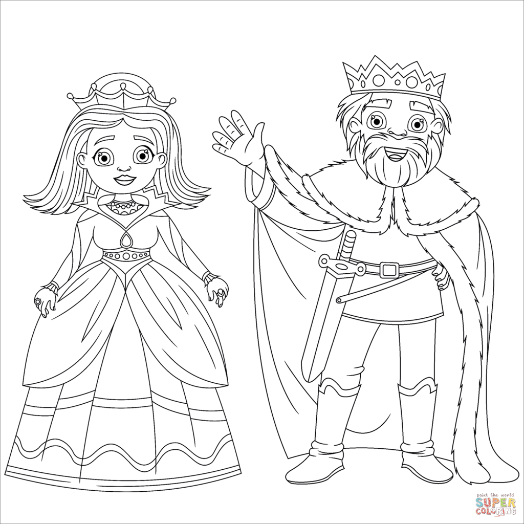 Coloring page of a crowned princess and king