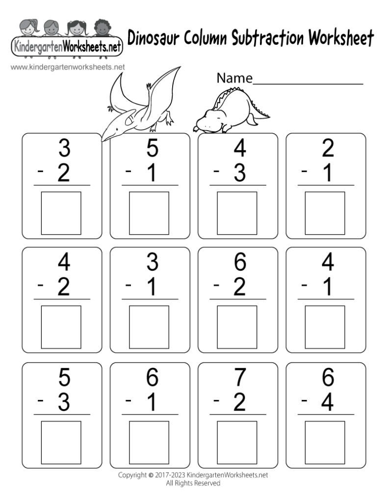 Dinosaur column subtraction worksheet with twelve problems