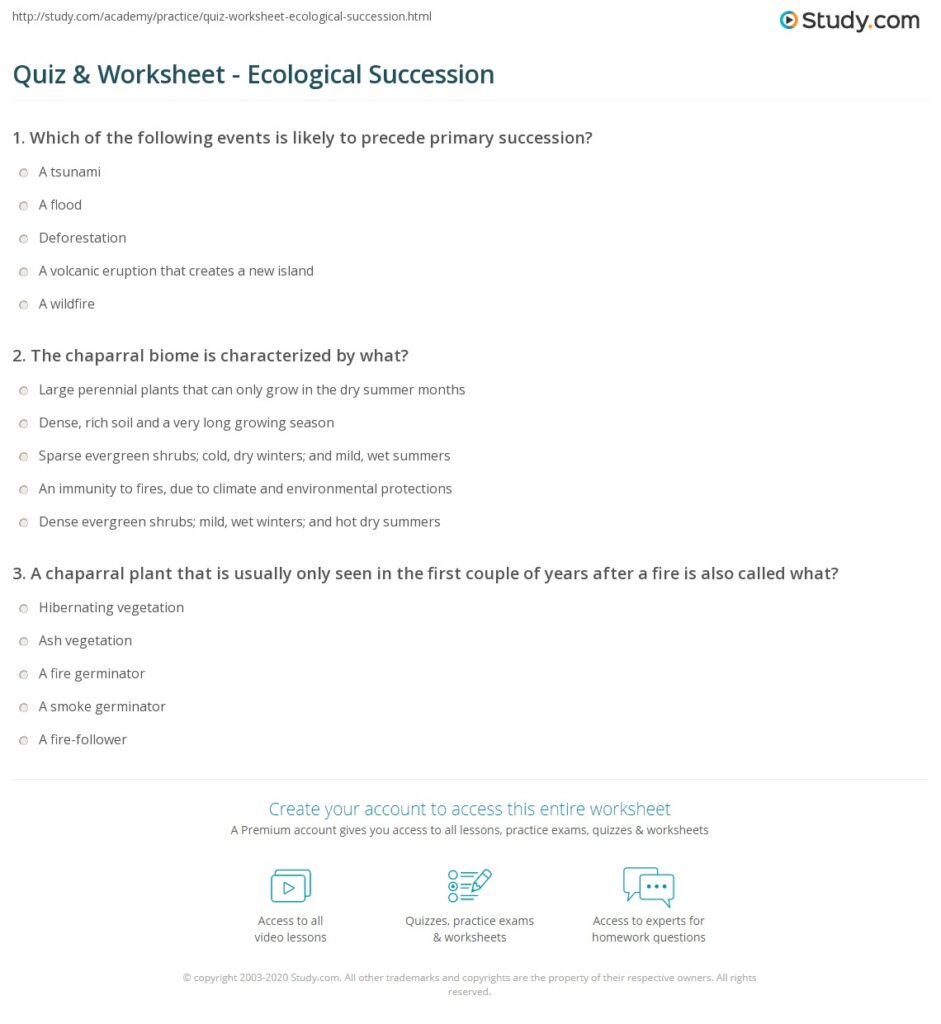 Study.com ecological succession quiz worksheet page screenshot