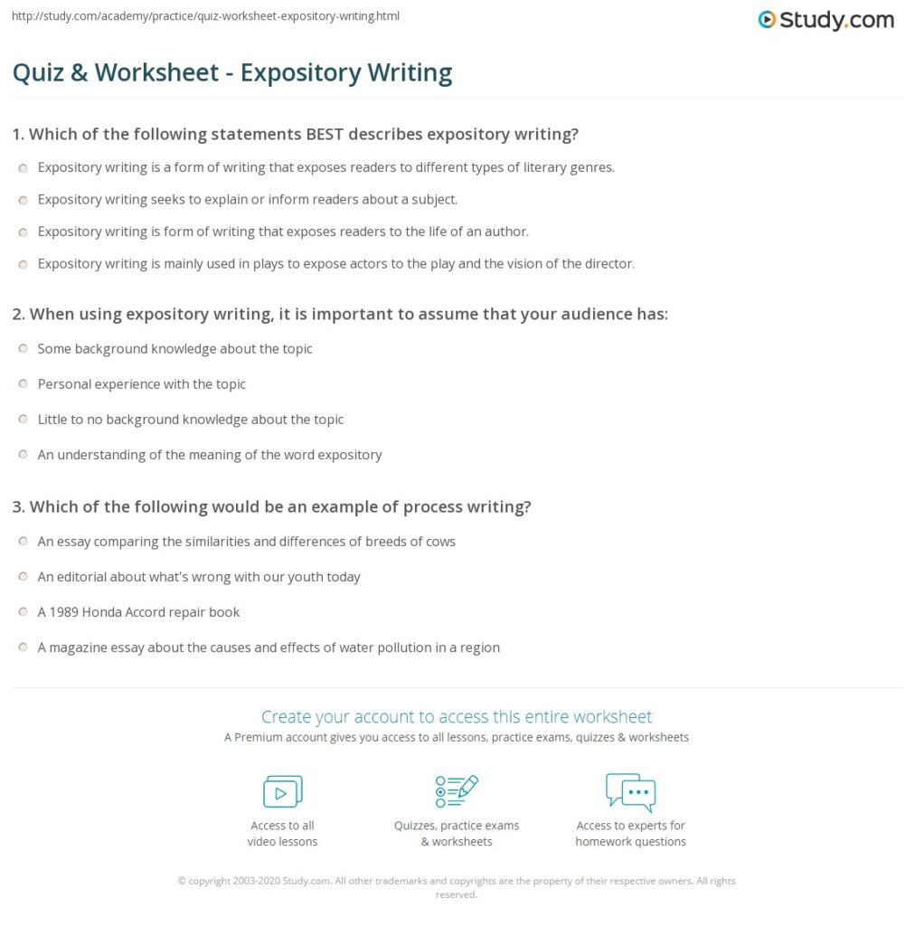Webpage showing expository writing quiz questions and answers