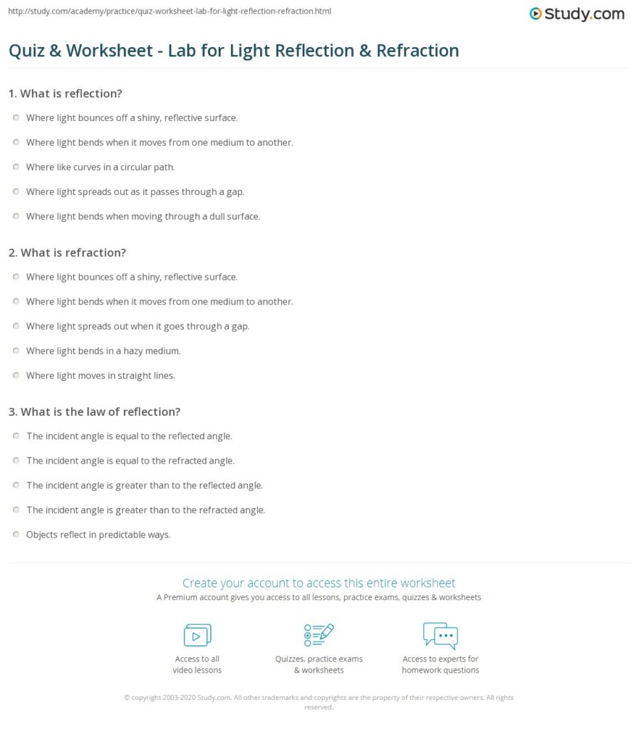Study.com quiz worksheet about light reflection and refraction