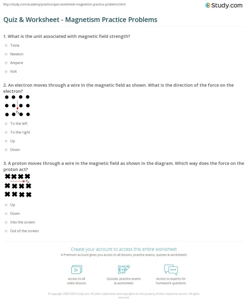 Magnetism practice worksheet with multiple-choice questions and diagrams