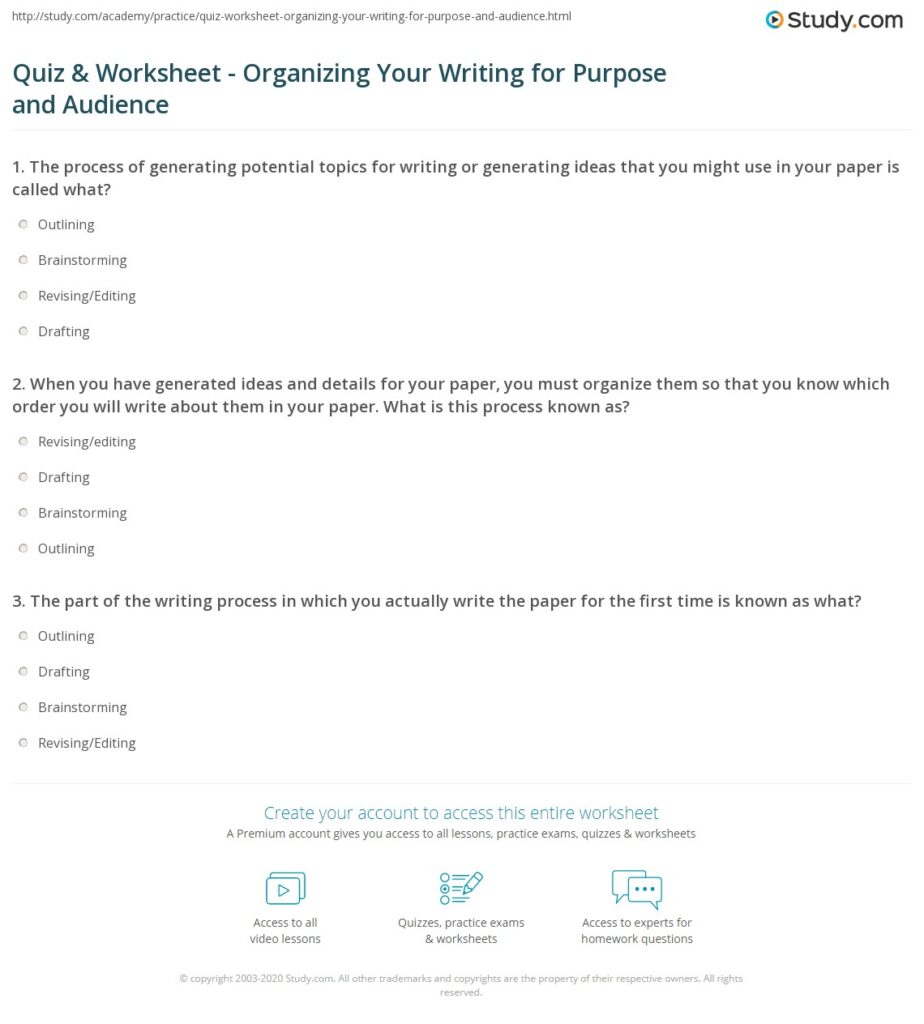 Webpage showing writing process quiz and worksheet questions