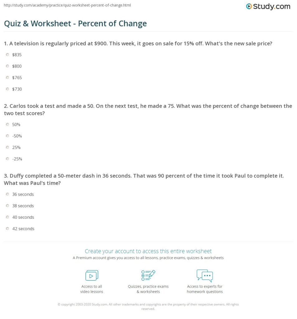 Study.com percent of change quiz worksheet screenshot