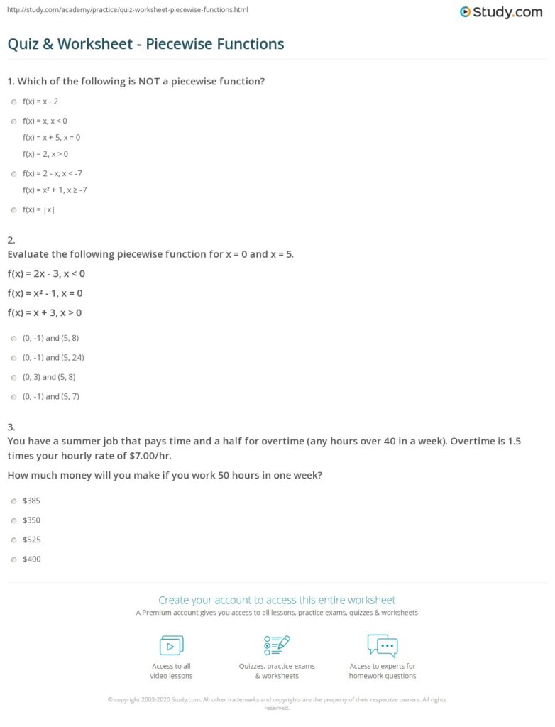 Study.com piecewise functions quiz worksheet webpage screenshot