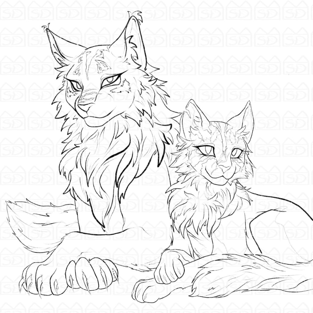 Two line-art cats lying together on white background
