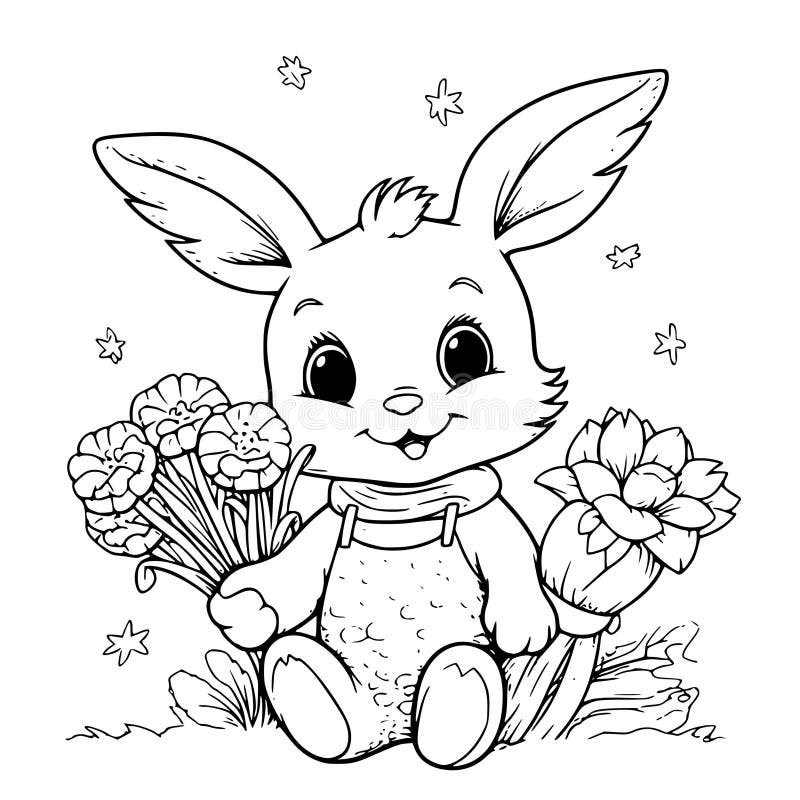 Cute cartoon bunny holding bouquets of flowers