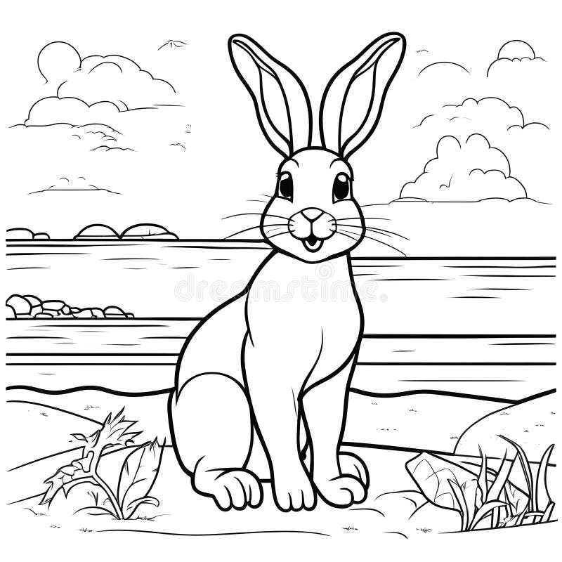 Line drawing of a rabbit sitting by water