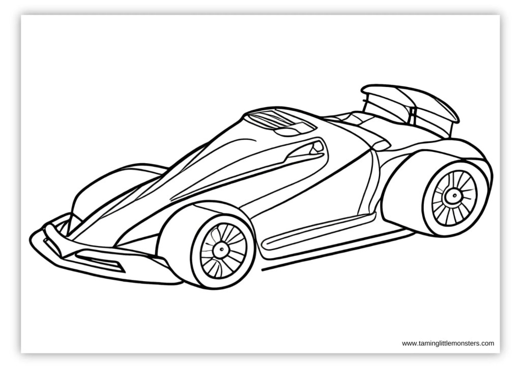 Black-and-white line drawing of a race car