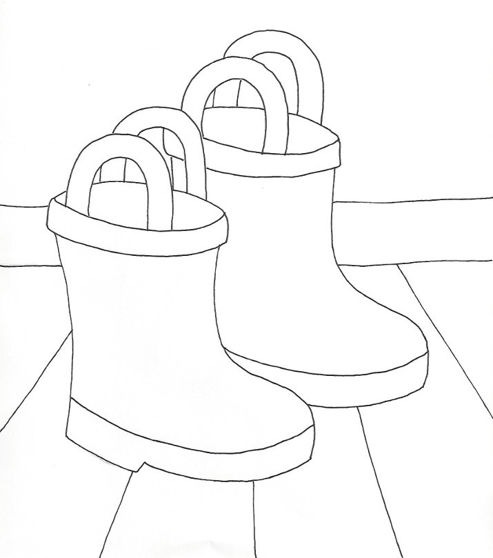 Two line-drawn rain boots on a floor