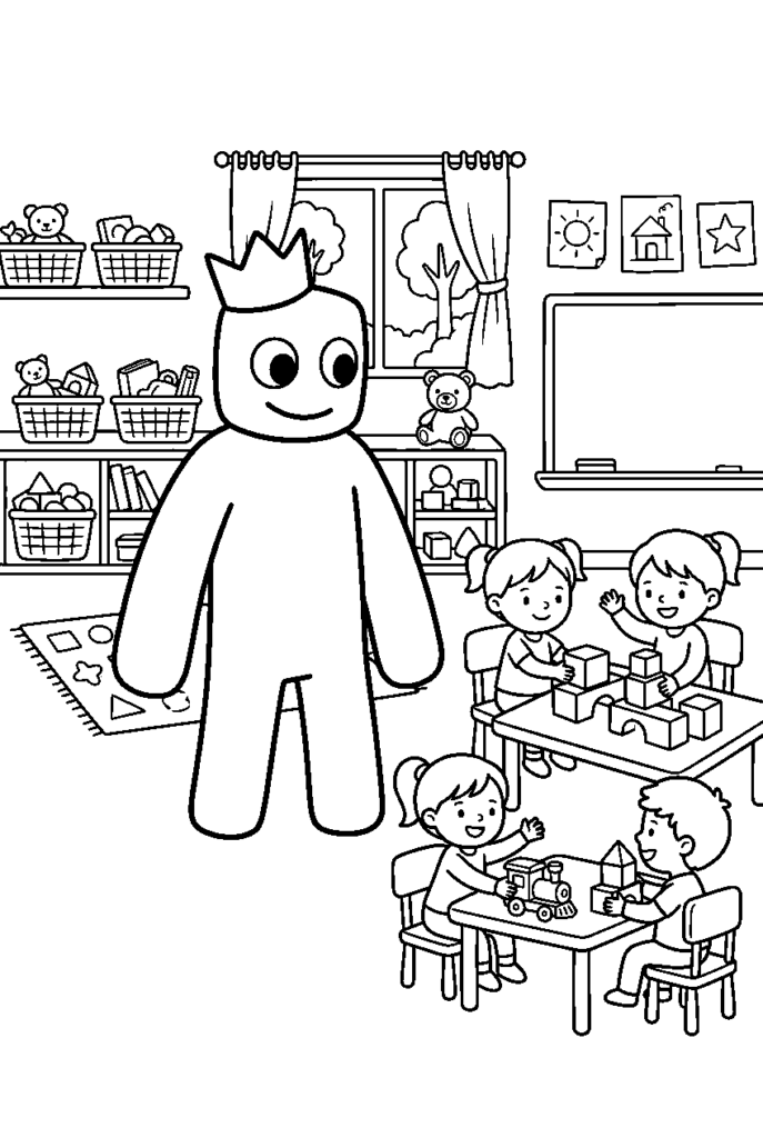 Cartoon crowned figure in classroom with children playing blocks