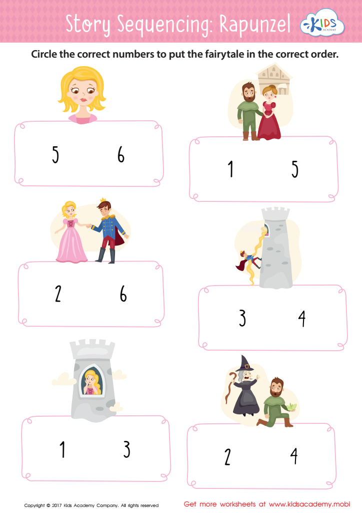 Rapunzel story sequencing worksheet with cartoon scenes and numbers