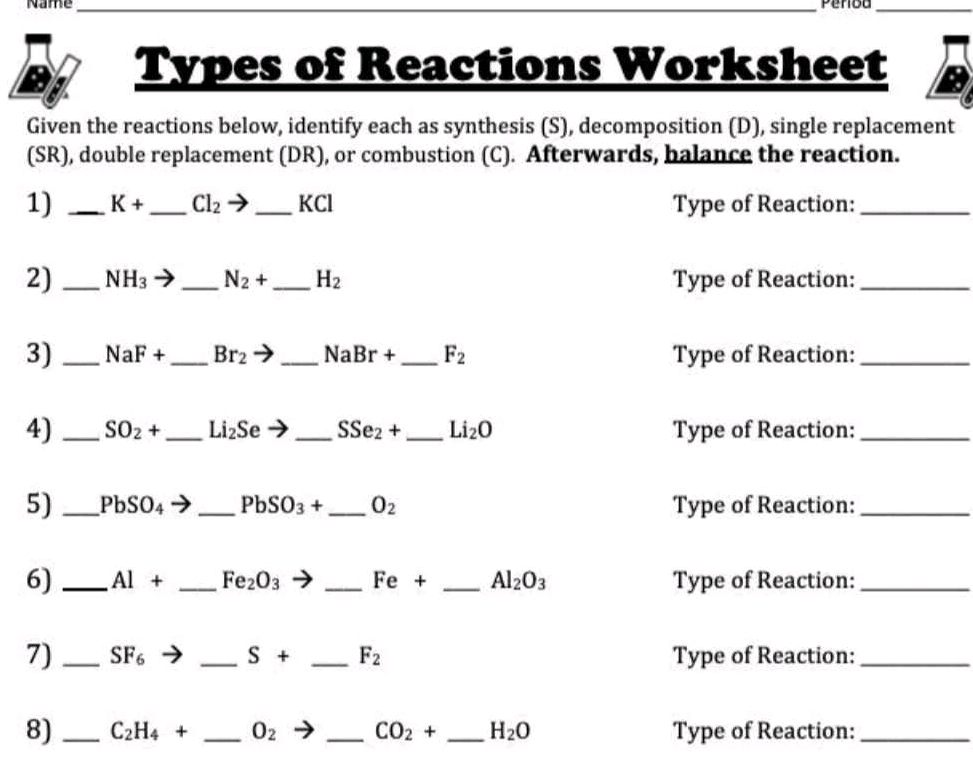 Chemistry reactions worksheet with eight problems