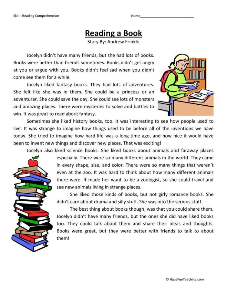 Reading comprehension worksheet titled Reading a Book