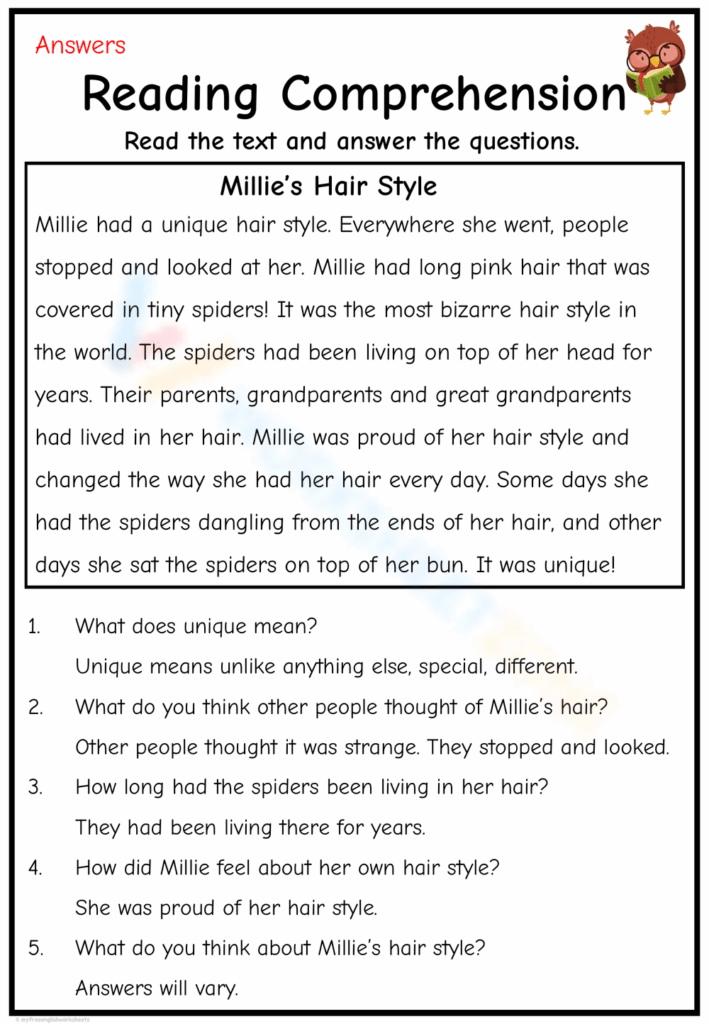Reading comprehension worksheet about Millie’s hair style, with answers