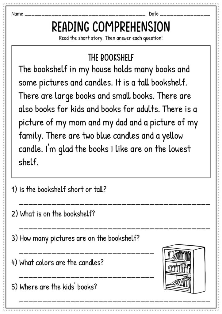 Reading comprehension worksheet about a bookshelf