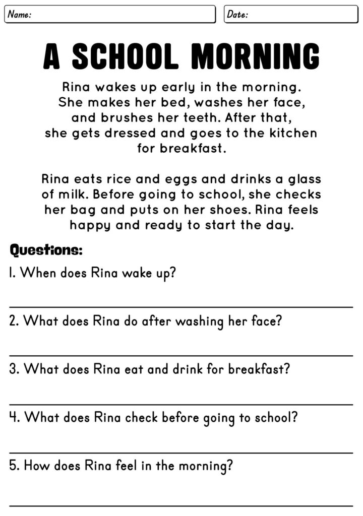A school morning reading worksheet with questions