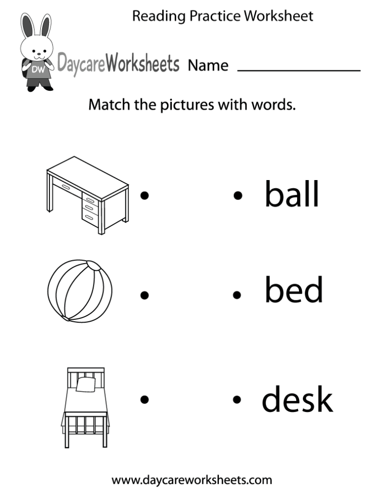 Reading practice worksheet with desk, ball, and bed images