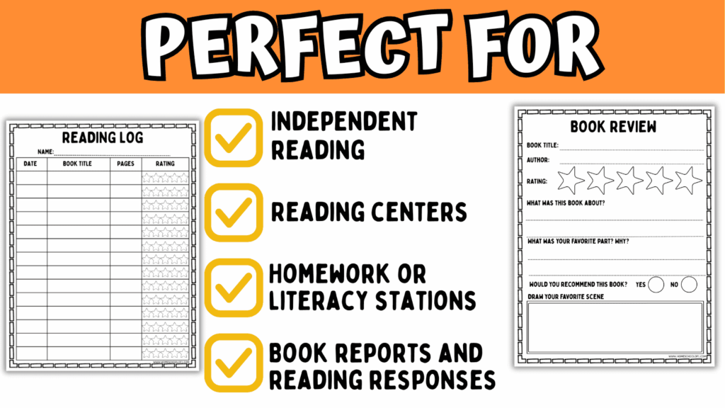 Reading log and book review worksheet graphic