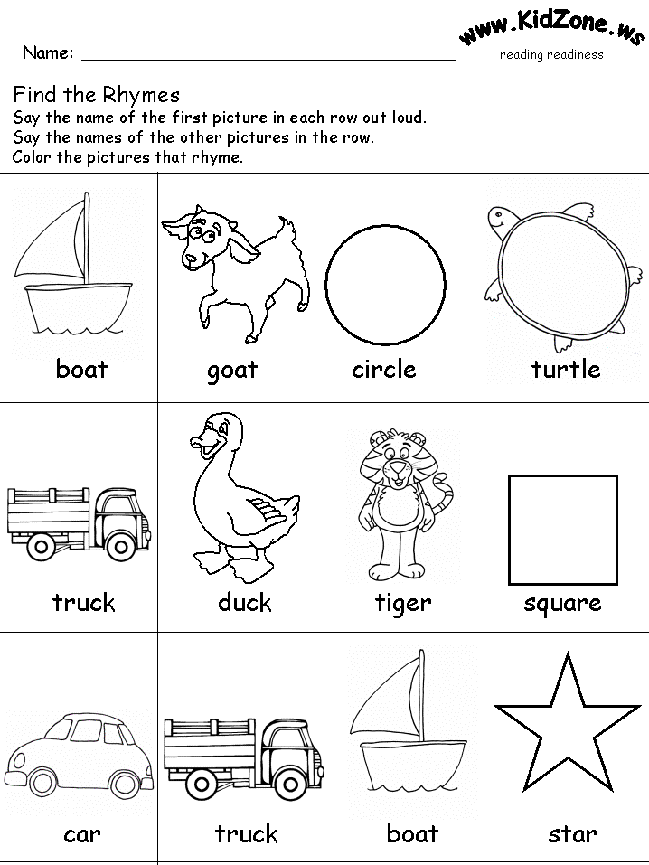 Rhyming worksheet with pictures of boat, goat, circle, turtle, truck, duck, tiger, square, car, and star