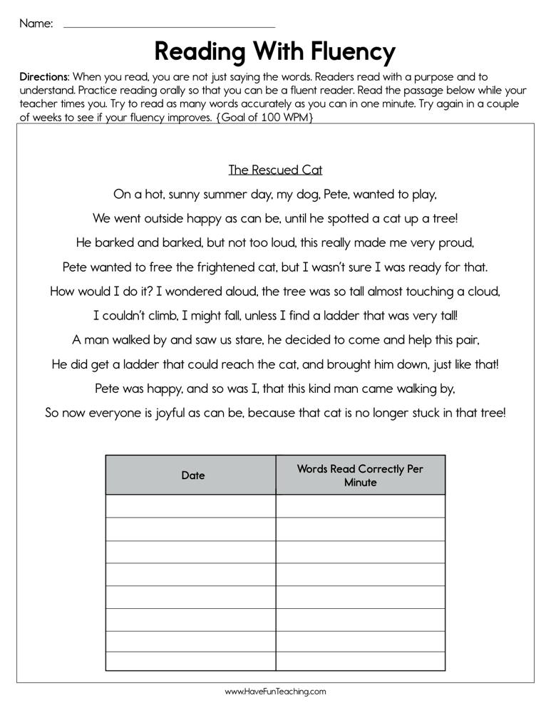 Reading fluency worksheet with passage and score table