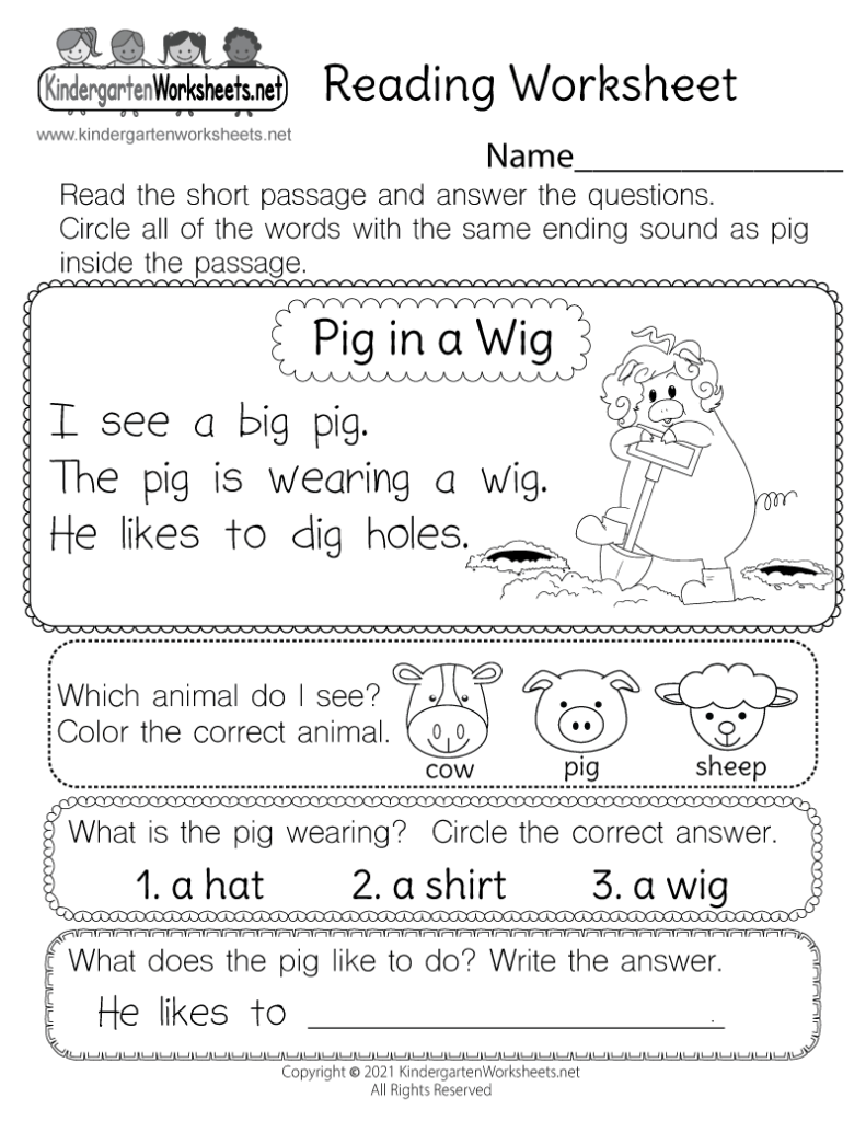 Children’s reading worksheet with pig and questions