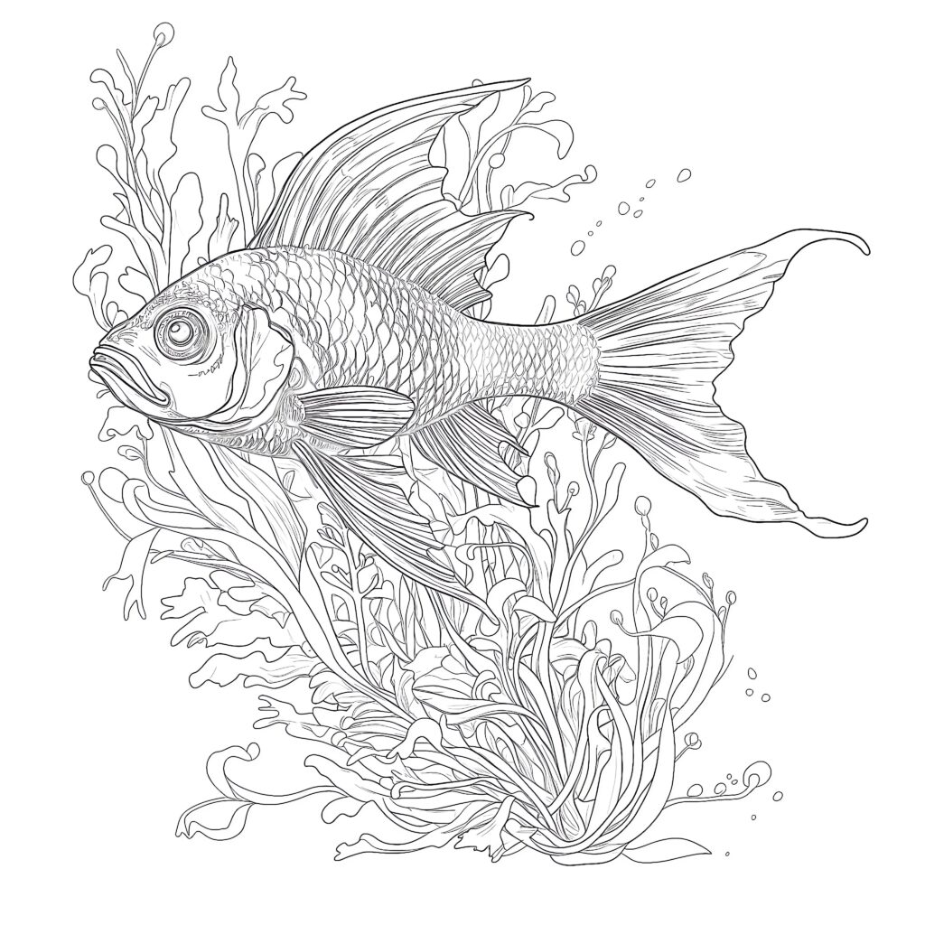 Black-and-white line drawing of a fish among seaweed
