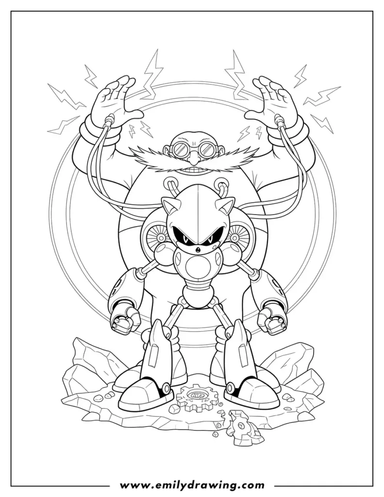 Black-and-white robot villain standing behind Sonic-like character