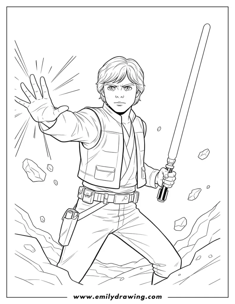 Black-and-white drawing of a young man with sword