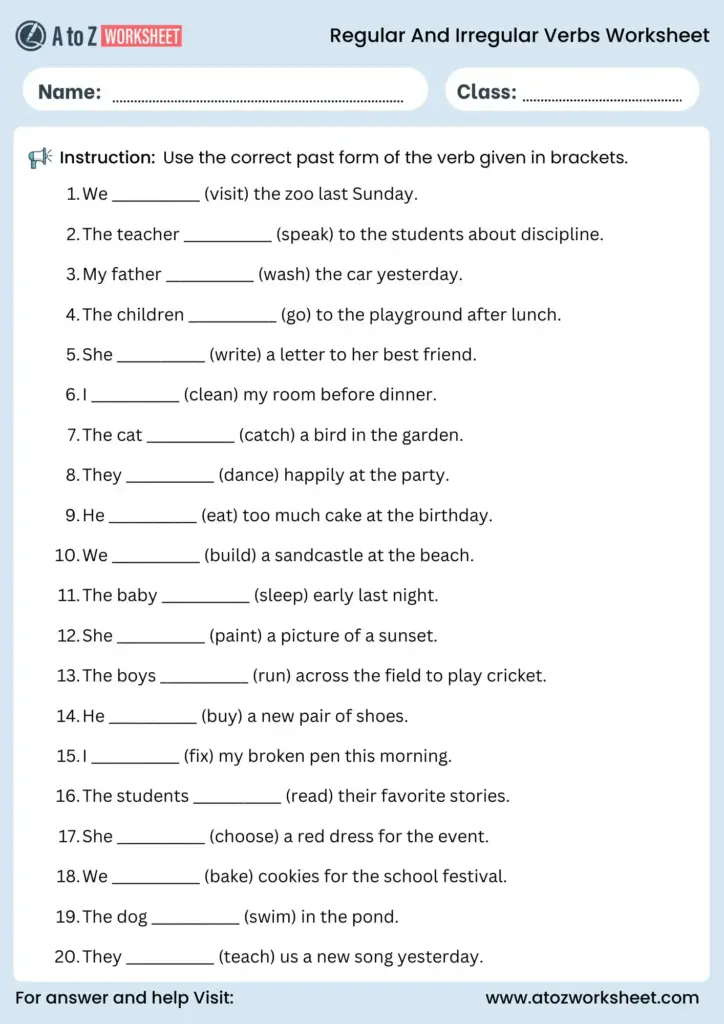 English verbs worksheet with fill-in-the-blank sentences