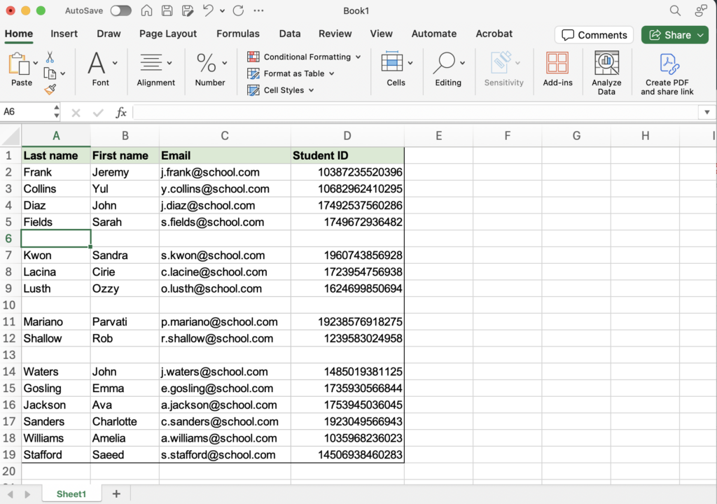 Spreadsheet with student names, emails, and IDs displayed