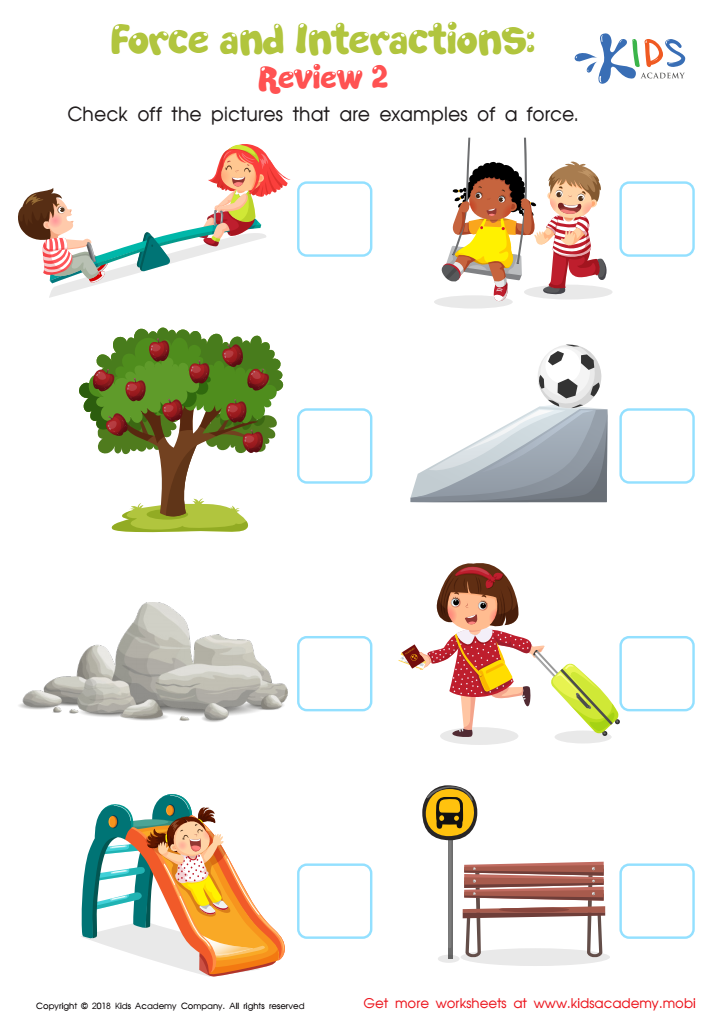 Force and interactions worksheet with cartoon images and checkboxes