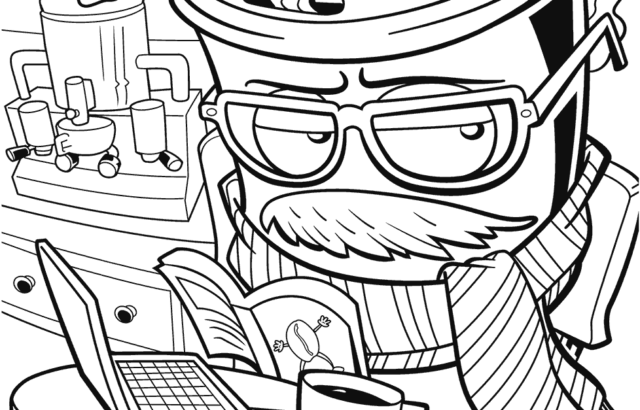 Cartoon scientist studying at table with laptop and coffee