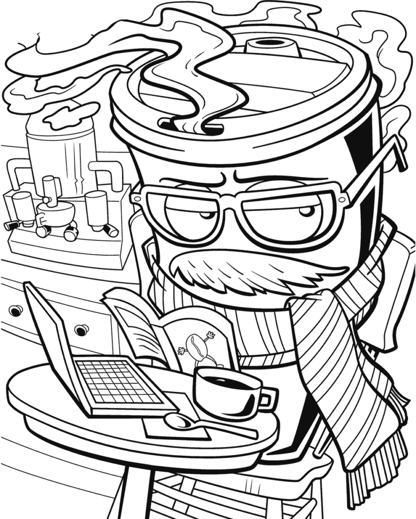 Cartoon scientist studying at table with laptop and coffee