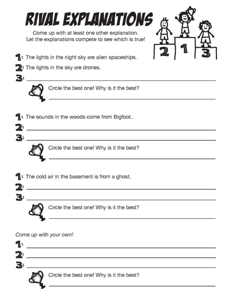 Critical thinking worksheet with rival explanations prompts and cartoons