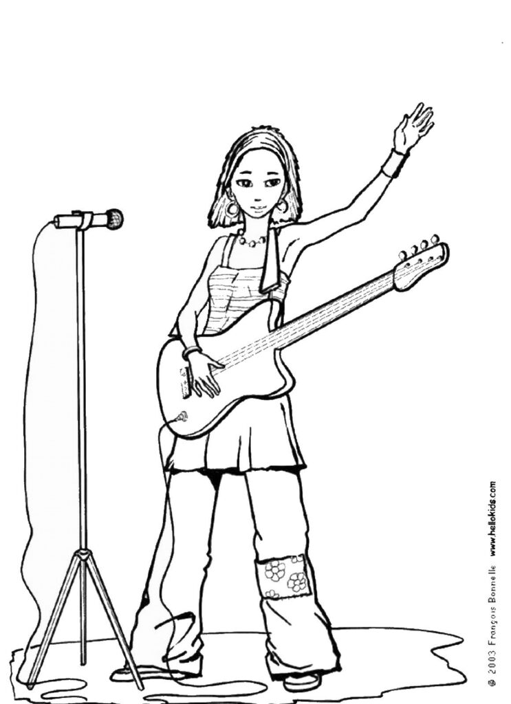 Girl holding guitar beside microphone stand