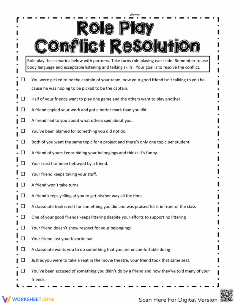Conflict resolution role-play worksheet with checklist items