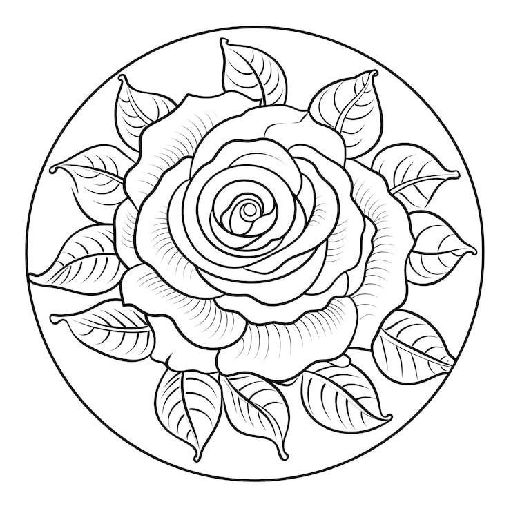 Black and white rose with leaves in circle