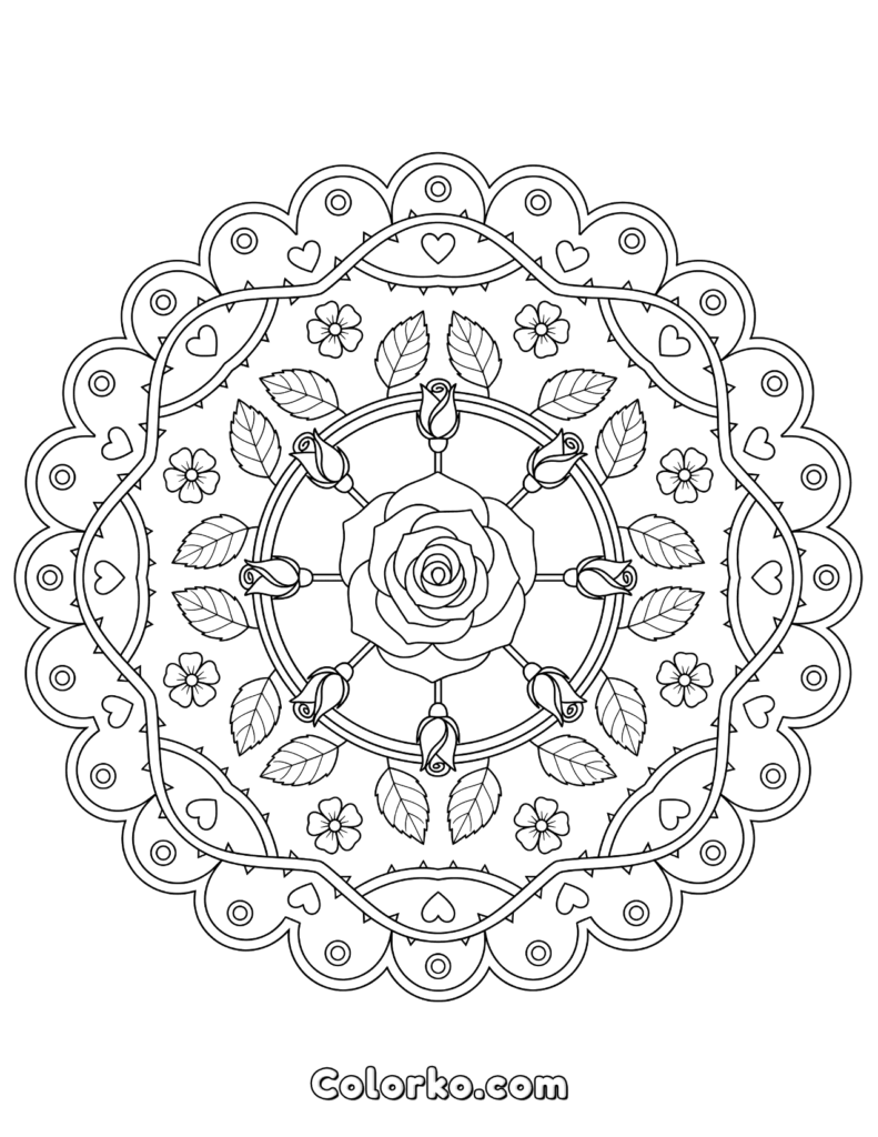 Rose mandala coloring page with hearts and leaves