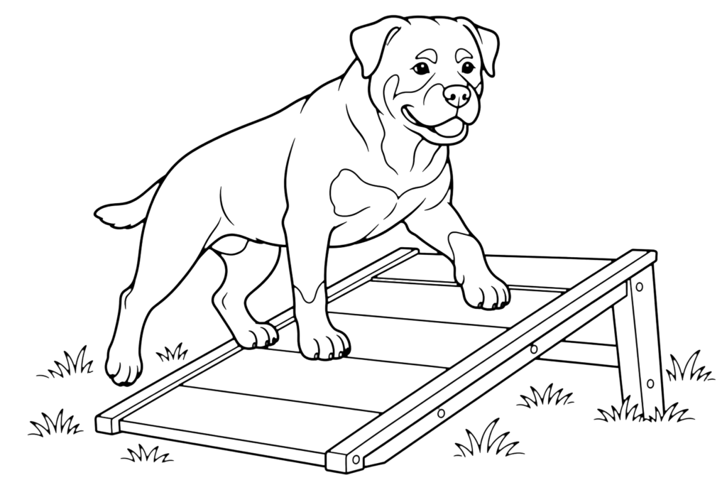 Line drawing of a dog on an agility ramp