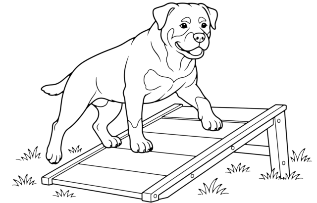 Line drawing of a dog on an agility ramp