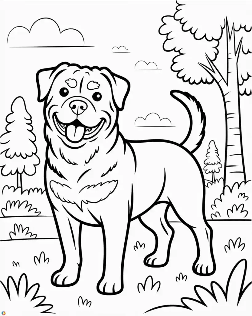 Smiling dog standing in a simple park scene