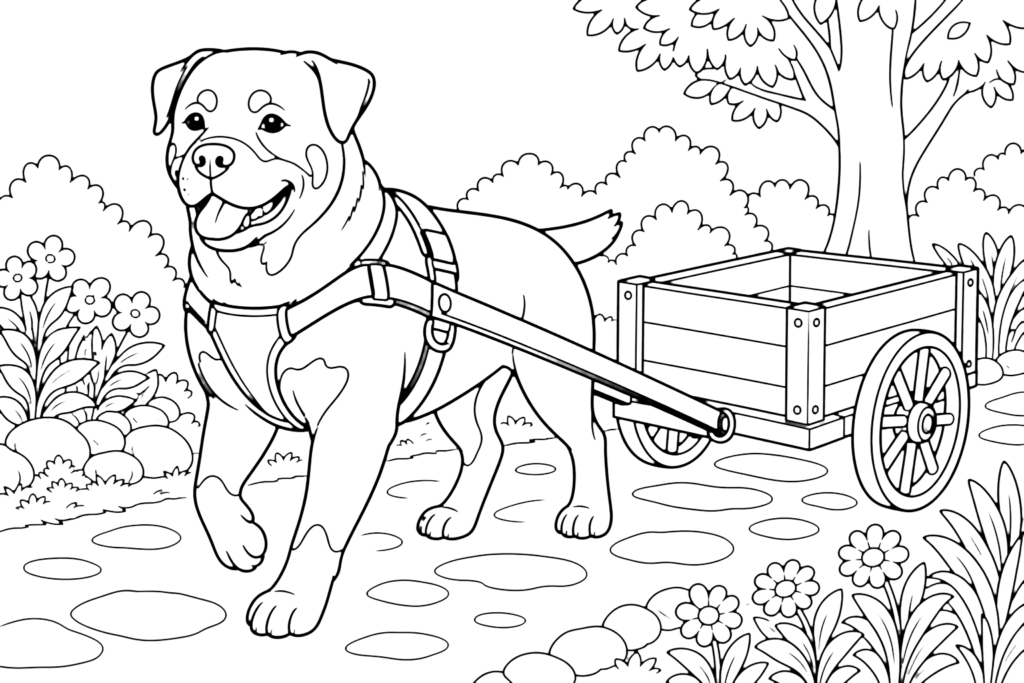 Dog pulling a cart in a garden scene