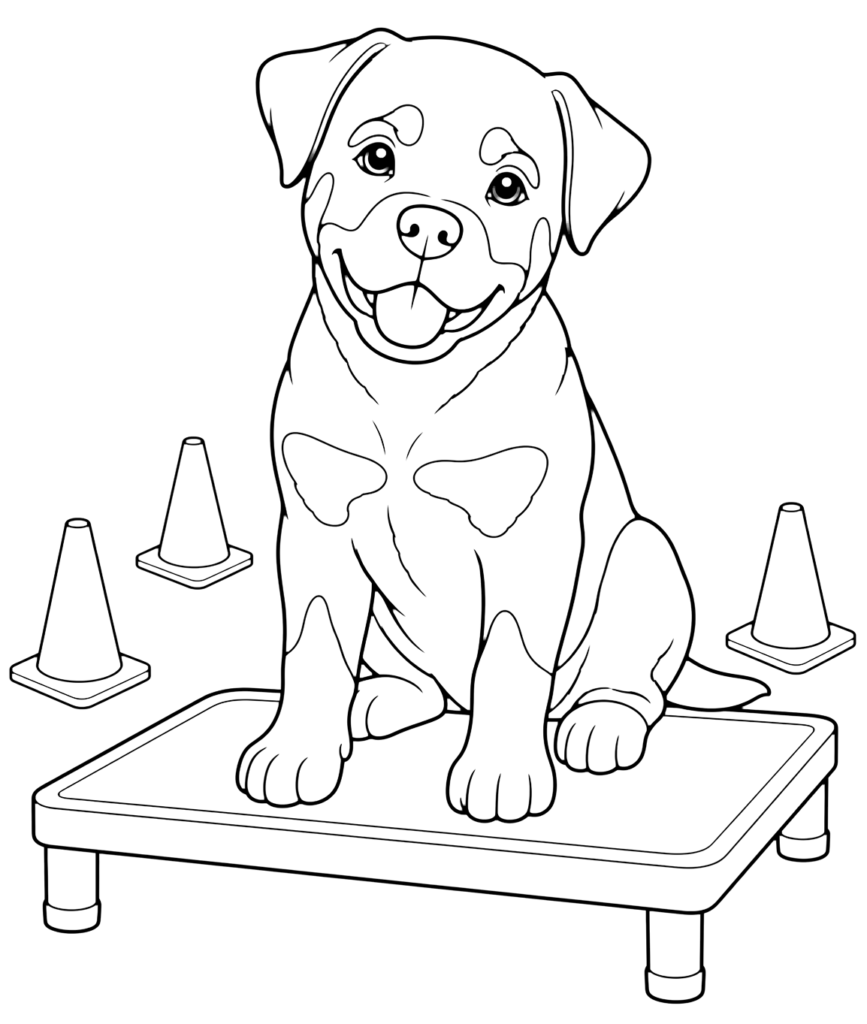 Happy puppy standing on training platform with cones