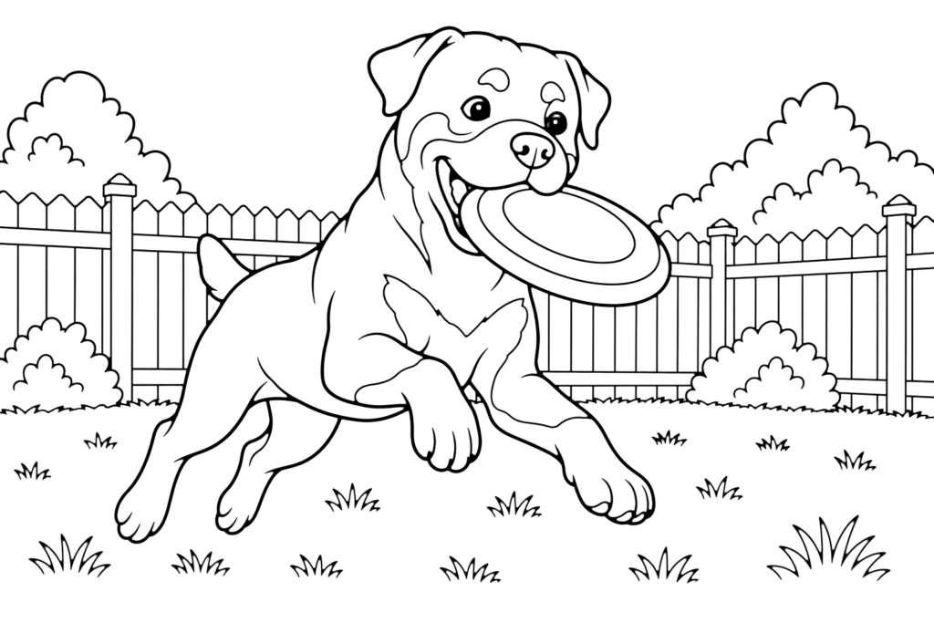 Cartoon puppy jumping with frisbee in fenced yard