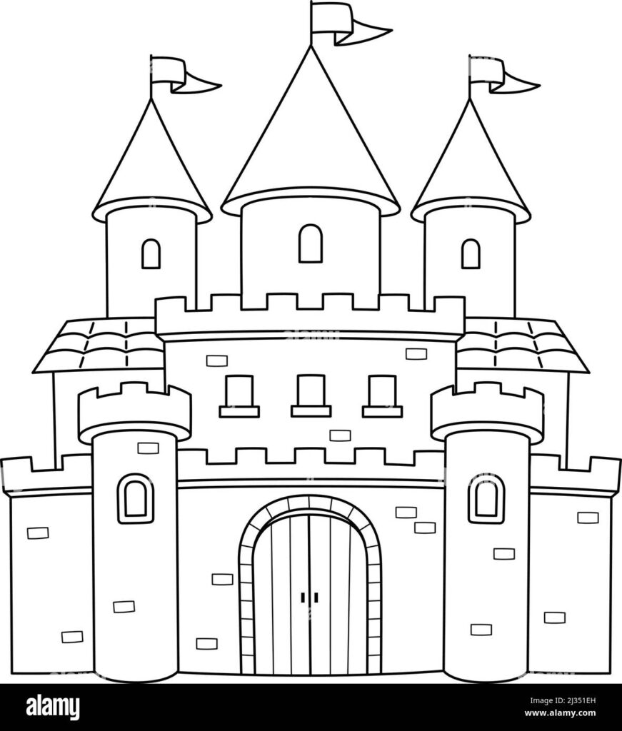 Black-and-white drawing of a castle with three towers